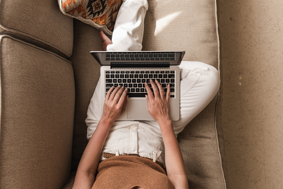 Woman Using Laptop in Sofa Couch 